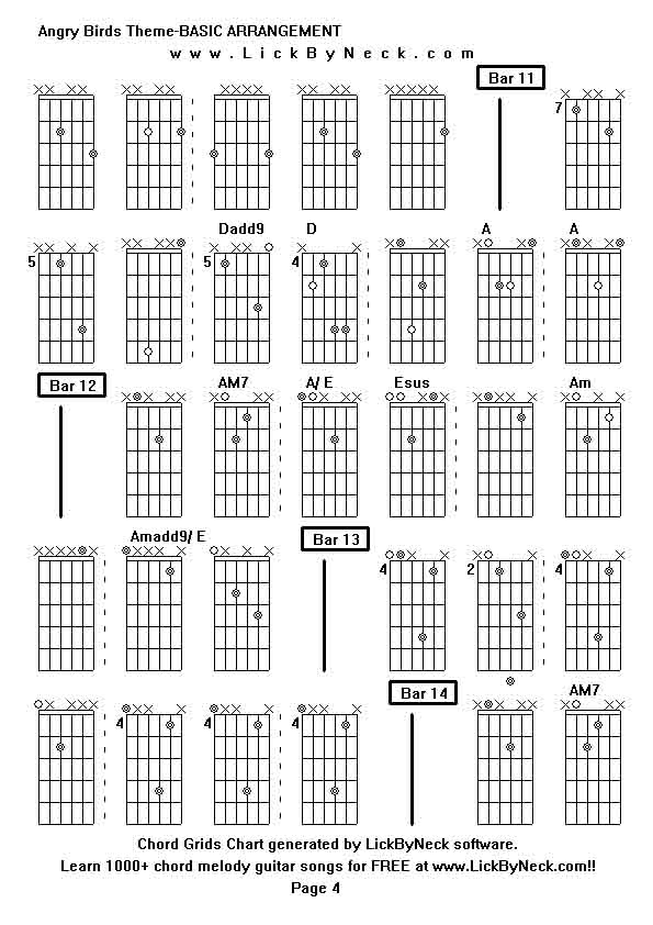 Chord Grids Chart of chord melody fingerstyle guitar song-Angry Birds Theme-BASIC ARRANGEMENT,generated by LickByNeck software.